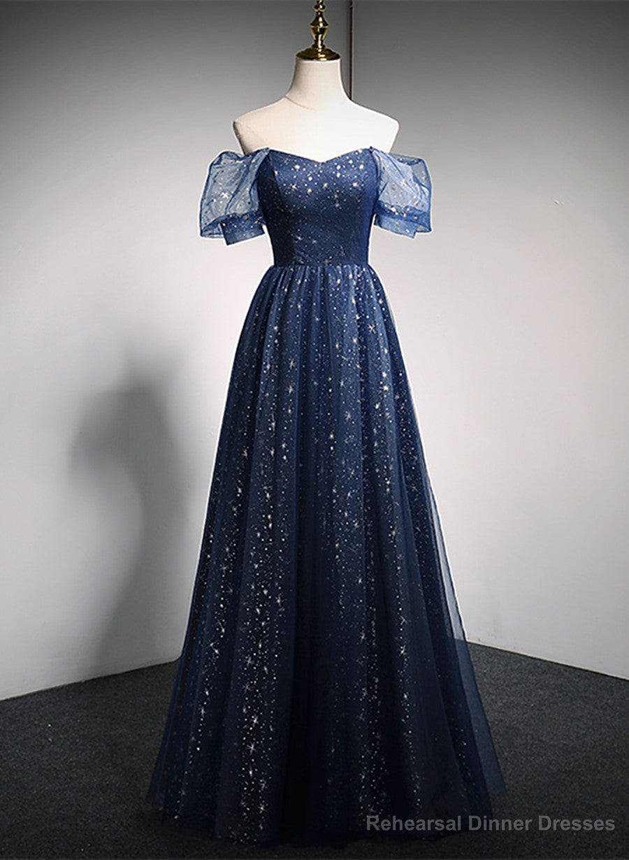 Navy Blue Long Off Shoulder A-line Prom Dress, Blue Formal Dress Secondary image
