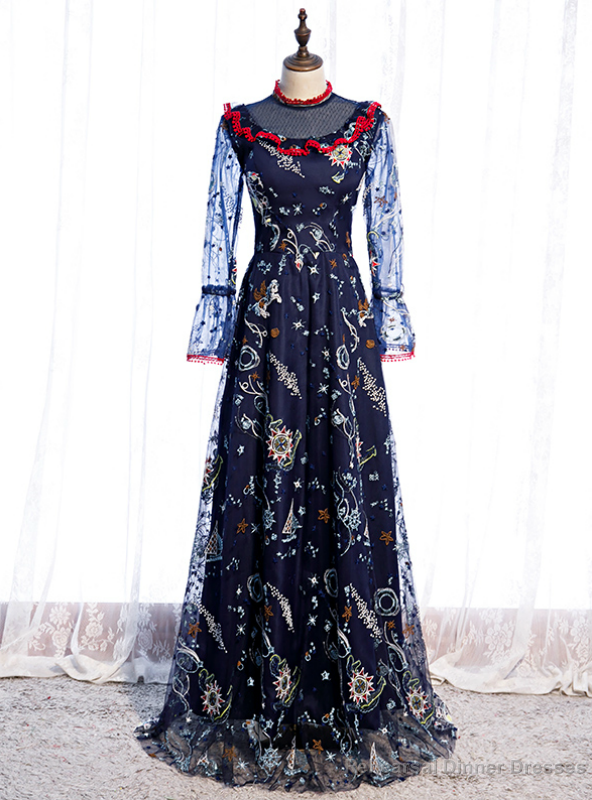 Navy Blue Long Sleeve Embroidery High Neck Prom Dress Main image