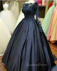 Navy Blue Long Sleeve Evening Prom Dress Appliques Beaded Ball Gown