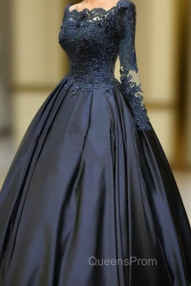 Navy Blue Long Sleeve Evening Prom Dress Appliques Beaded Ball Gown Main image
