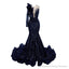 Navy Blue Mermaid One Sleeve Prom Dresses Sequined Lace Jewel Ruffles Evening Party Dress with Appliques