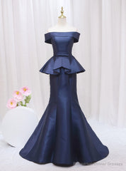 Navy Blue Mermaid Satin Off the Shoulder Prom Dress