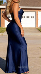 Navy Blue Mermaid Spaghetti Straps Corset Prom Dress with Split Front