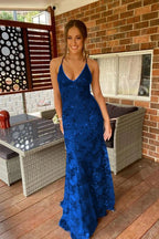Navy Blue Mermaid Tulle And Sequins Long Classy Prom Dress With V Neckline And Lace Up Back