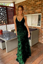 Navy Blue Mermaid Tulle And Sequins Long Classy Prom Dress With V Neckline And Lace Up Back