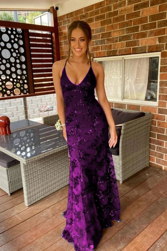 Navy Blue Mermaid Tulle And Sequins Long Classy Prom Dress With V Neckline And Lace Up Back