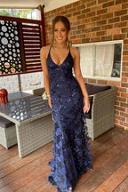 Navy Blue Mermaid Tulle And Sequins Long Classy Prom Dress With V Neckline And Lace Up Back
