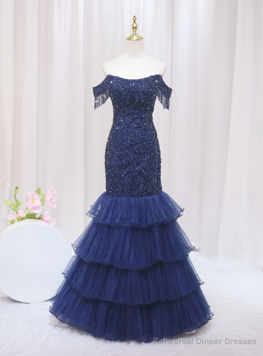 Navy Blue Mermaid Tulle Beading Off the Shoulder Prom Dress Main image
