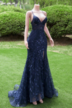 Navy Blue Mermaid V-Neck Straps Sequin Lace Prom Dresses