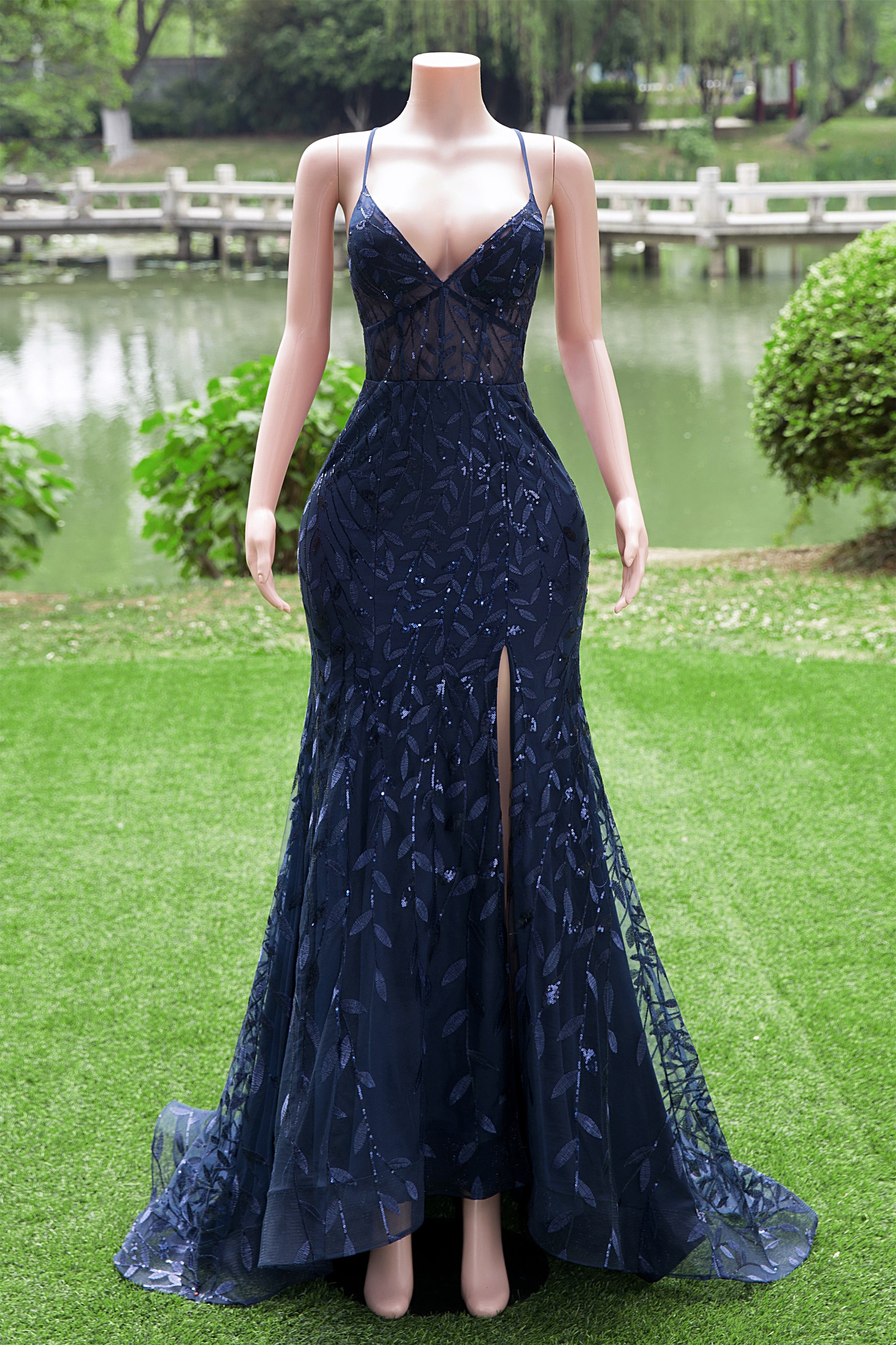 Navy Blue Mermaid V-Neck Straps Sequin Lace Prom Dresses Main image