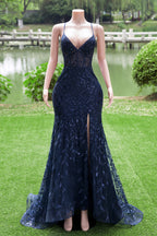 Navy Blue Mermaid V-Neck Straps Sequin Lace Prom Dresses