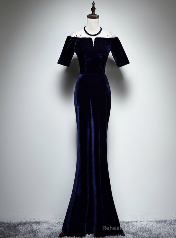 Navy Blue Mermaid Velvet Short Sleeve Prom Dress Main image
