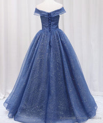 Navy Blue Off Shoulder Shiny Tulle Floor Length Prom Dress, Blue Prom Dress