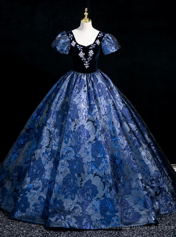 Navy Blue Puff Sleeve Beading Quinceanera Dress Main image