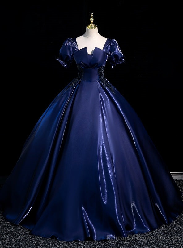 Navy Blue Puff Sleeve Square Beading Quinceanera Dress Main image
