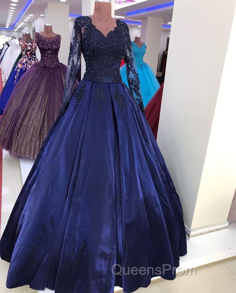 Navy Blue Satin Ball Gown Evening Prom Dress Lace Long Sleeves