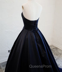 Navy Blue Satin Long Party Dress, Elegant Dark Blue Formal Dress Evening Dress