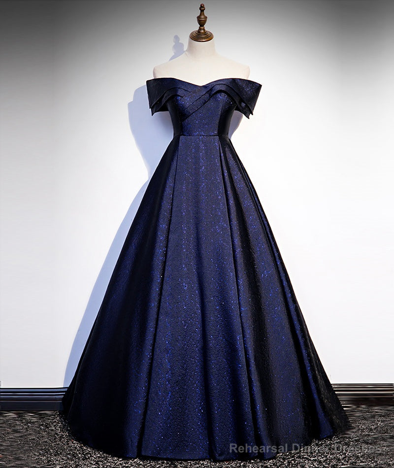 Navy Blue Satin Off Shoulder Long Prom Dress, Blue A-line Formal Dress, Evening Dress Secondary image