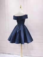 Navy Blue Satin Off Shoulder Short Graduation Dress, Blue Satin Classy Prom Dress