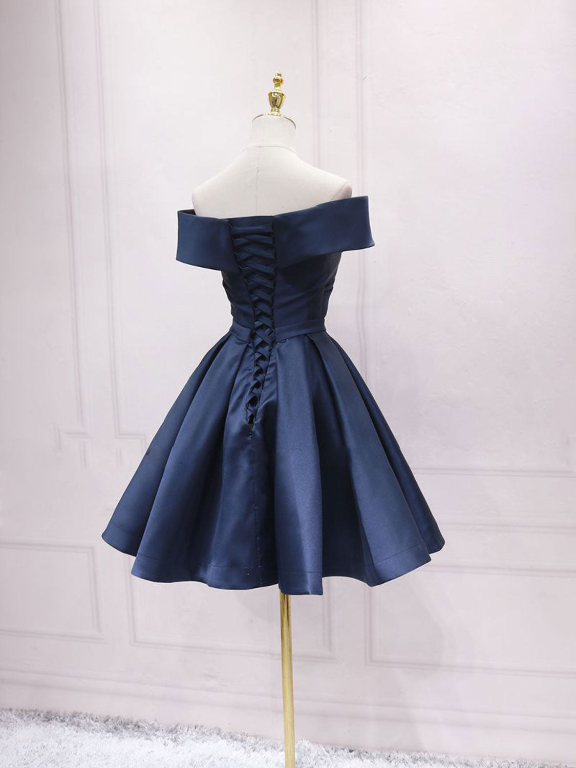 Navy Blue Satin Off Shoulder Short Graduation Dress, Blue Satin Classy Prom Dress