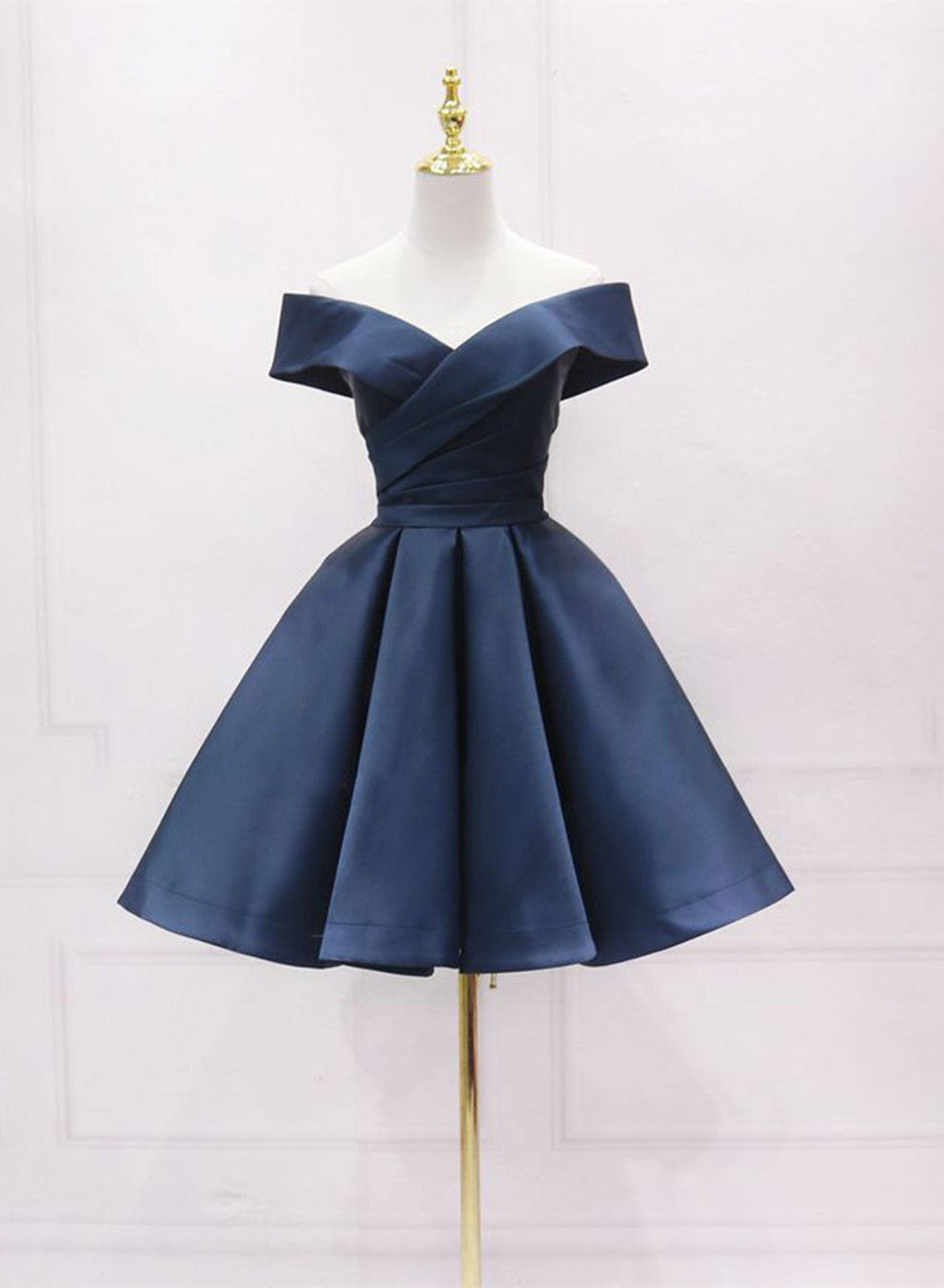 Navy Blue Satin Off Shoulder Short Graduation Dress, Blue Satin Classy Prom Dress Main image