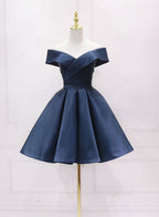 Navy Blue Satin Off Shoulder Short Graduation Dress, Blue Satin Classy Prom Dress