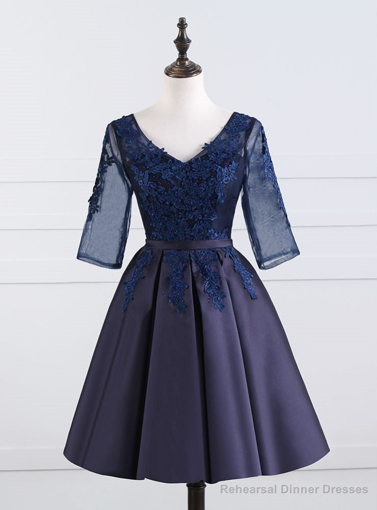 Navy Blue Satin V-nec Short Sleeve Homecoming Dress Main image