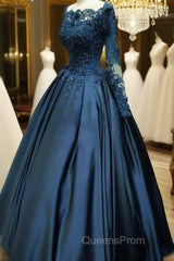 Navy Blue Satin With Lace Top Long Sleeves Sweet 16 Gown, Blue Formal Dress