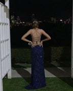 Navy Blue Sequin Long Classy Prom Dress Mermaid Cross Back Classy Evening Party Dress
