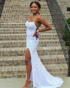 Navy Blue Sequin Long Classy Prom Dress Mermaid Cross Back Classy Evening Party Dress