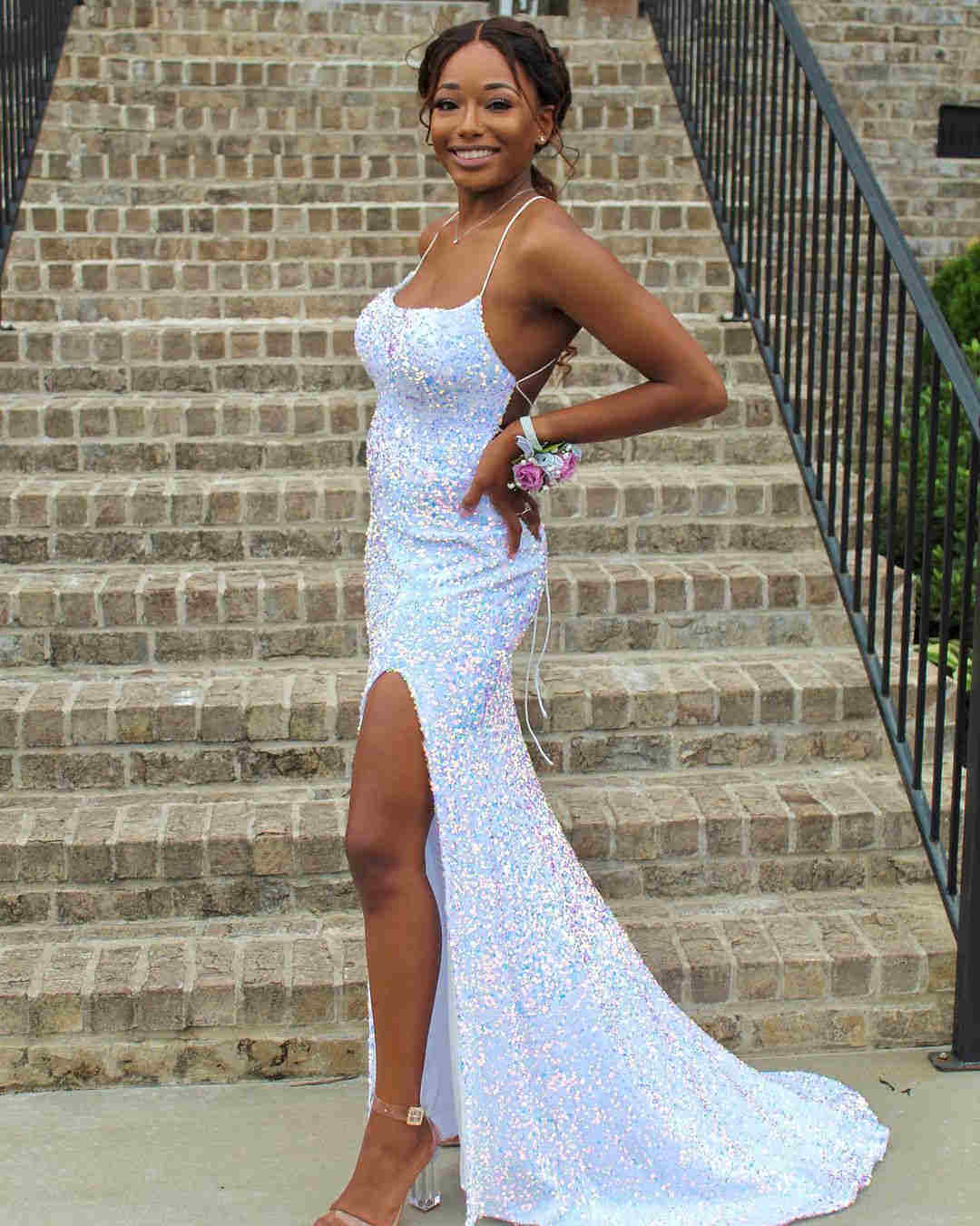 Navy Blue Sequin Long Classy Prom Dress Mermaid Cross Back Classy Evening Party Dress
