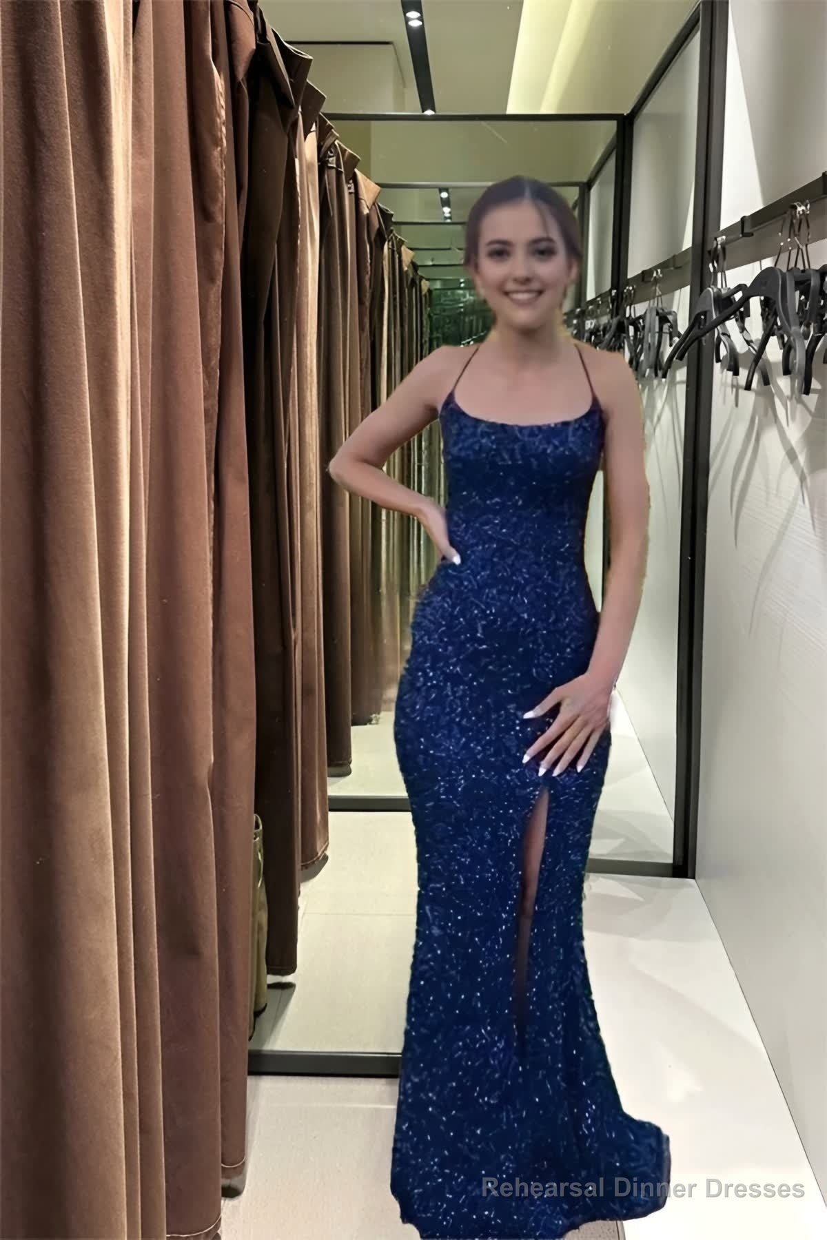 Navy Blue Sequin Long Prom Dresses Mermaid Cross Back Evening Party Dresses Main image