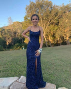Navy Blue Sequin Long Classy Prom Dress Mermaid Cross Back Classy Evening Party Dress