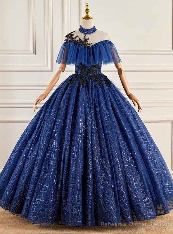 Navy Blue Sequins High Neck Appliques Beading Quinceanera Dress Main image