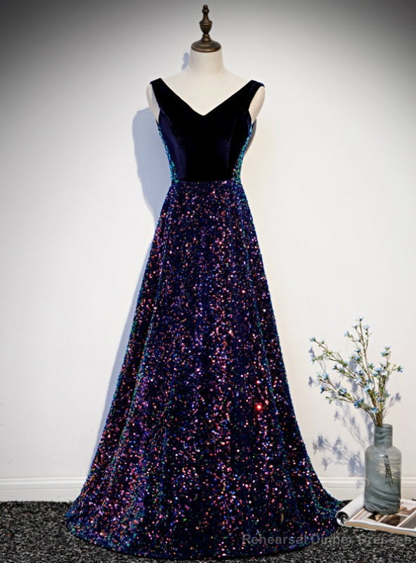 Navy Blue Sequins V-neck Backless Prom Dress