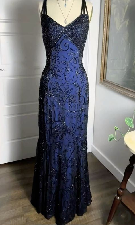 Navy Blue Shiny Elegant Exquisite Beaded Applique Straps Long Tulle Sequins Ball Gown Classy Evening Dress Party Dress Secondary image