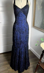 Navy Blue Shiny Elegant Exquisite Beaded Applique Straps Long Tulle Sequins Ball Gown Classy Evening Dress Party Dress