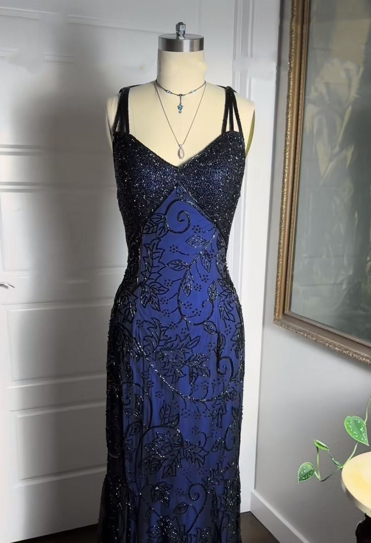 Navy Blue Shiny Elegant Exquisite Beaded Applique Straps Long Tulle Sequins Ball Gown Classy Evening Dress Party Dress