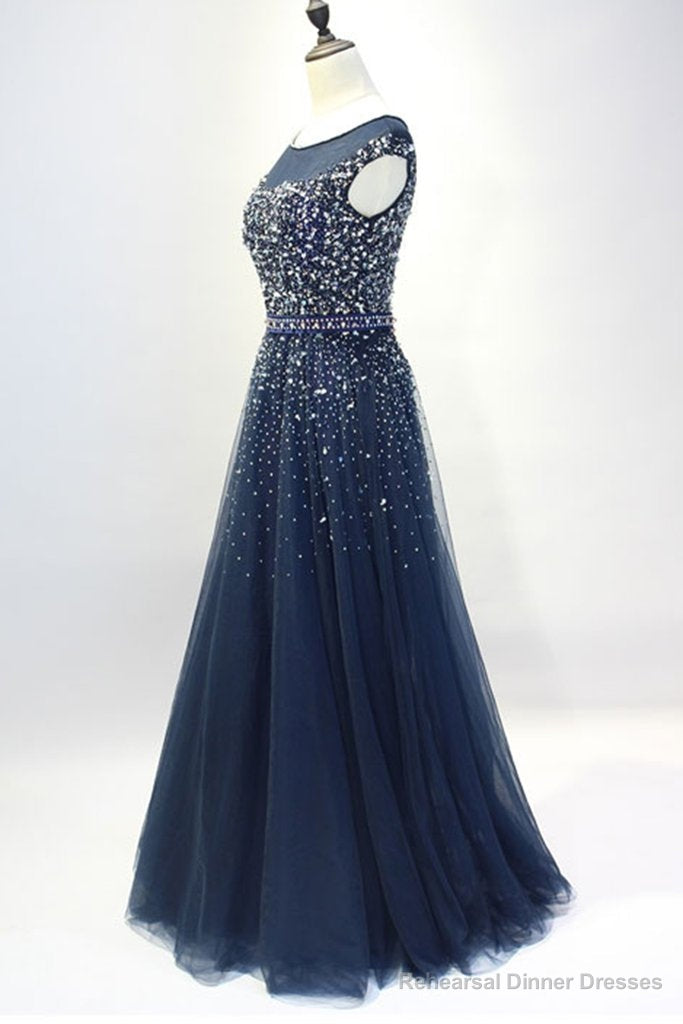 Navy Blue Shiny Sequins Round Neckline Tulle Party Dress, A-line Tulle Blue Evening Dress Prom Dress Secondary image