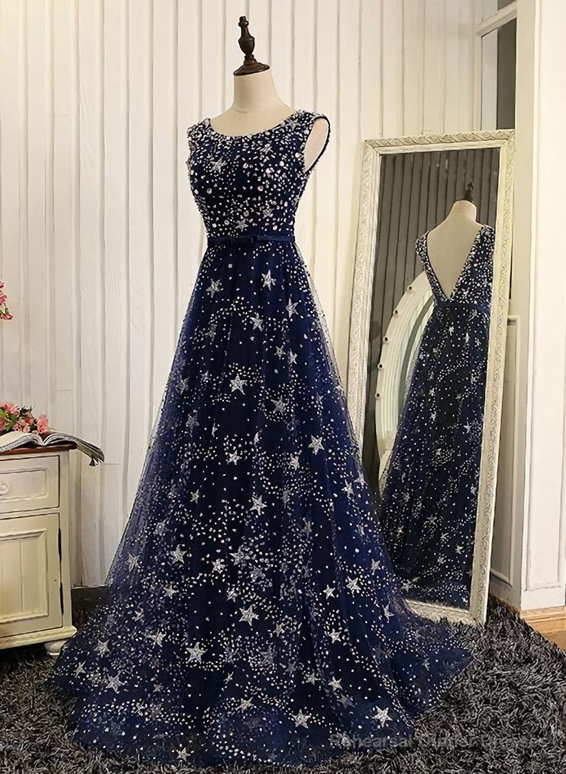 Navy Blue Shiny Tulle A-line Round Neckline Long Party Dress, Blue Prom Dresses Main image