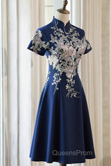 Navy Blue Short Sleeves Party Dress With Lace Applique, Short Cute Blue Wedding Party Dress