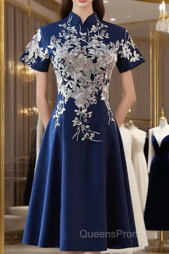 Navy Blue Short Sleeves Party Dress With Lace Applique, Short Cute Blue Wedding Party Dress Main image