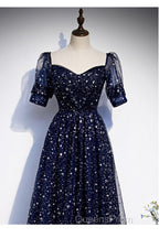 Navy Blue Simple Tulle Short Sleeves Evening Prom Dress, Navy Blue Long Evening Dress