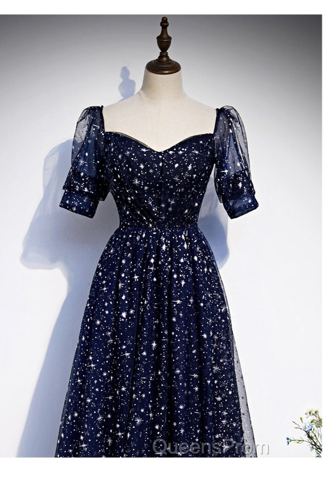 Navy Blue Simple Tulle Short Sleeves Evening Prom Dress, Navy Blue Long Evening Dress