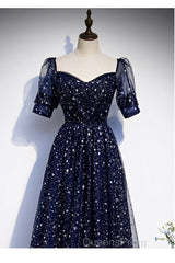 Navy Blue Simple Tulle Short Sleeves Evening Prom Dress, Navy Blue Long Evening Dress