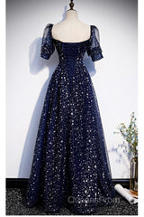 Navy Blue Simple Tulle Short Sleeves Evening Prom Dress, Navy Blue Long Evening Dress