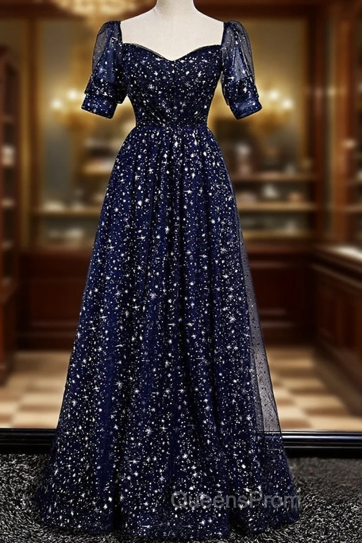 Navy Blue Simple Tulle Short Sleeves Evening Prom Dress, Navy Blue Long Evening Dress Main image