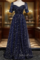 Navy Blue Simple Tulle Short Sleeves Evening Prom Dress, Navy Blue Long Evening Dress