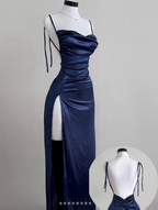 Navy Blue Spaghetti Strap Bodycon Satin Elegant Classy Prom Dress Backless Party Dress
