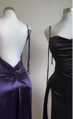 Navy Blue Spaghetti Strap Bodycon Satin Elegant Classy Prom Dress Backless Party Dress